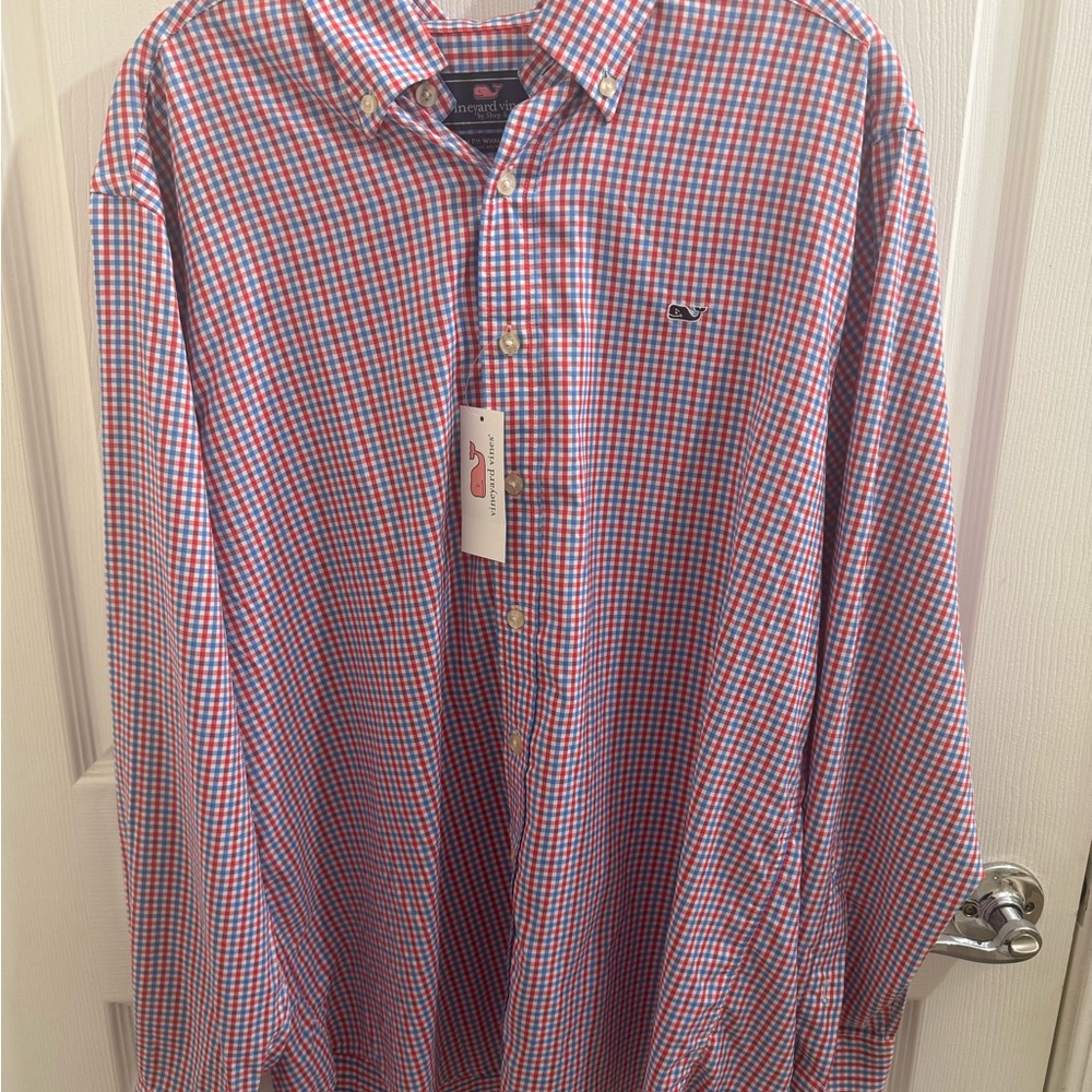 Vineyard Vines Men's Red and Blue Plaid Shirt